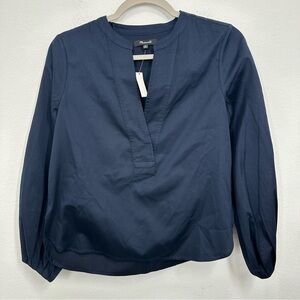 Madewell Navy Blue V Neck Popover Blouse Polished Preppy Chic‎ Classic NWT